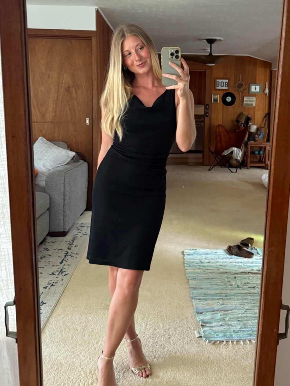 Sleek Black Midi Dress with Cowl Neck